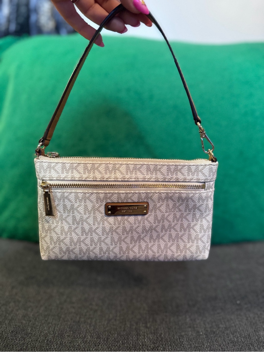 Michael Kors Beige Logo Mini Shoulder Bag with Dark Brown Strap